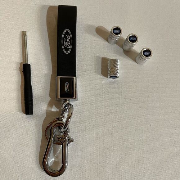 Ford logo fob Keychain black leather and set of 4 valve Stem caps silver NWT - Picture 2 of 6